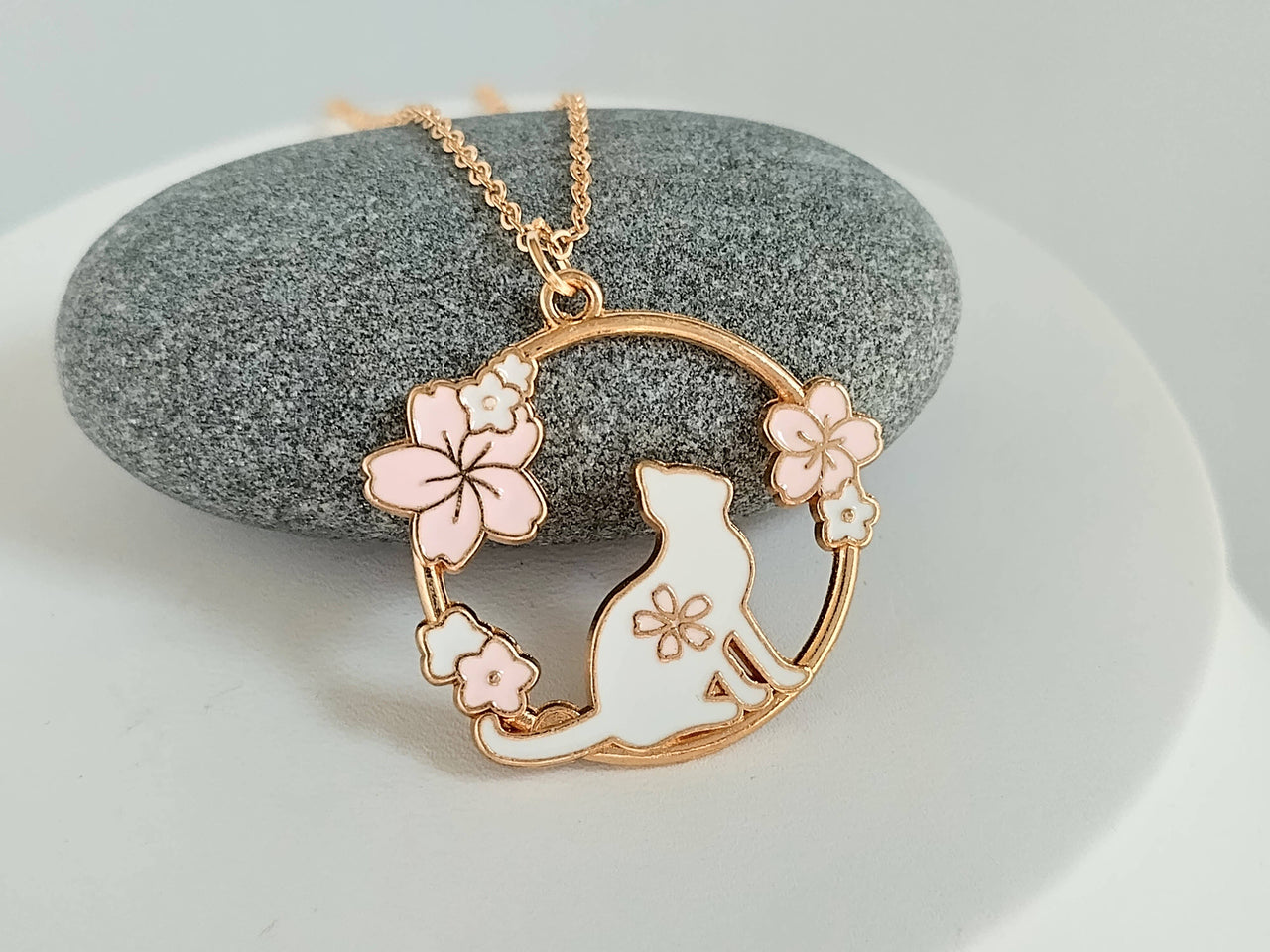 Pink Floral Cat Necklace, Gold Cat Necklace