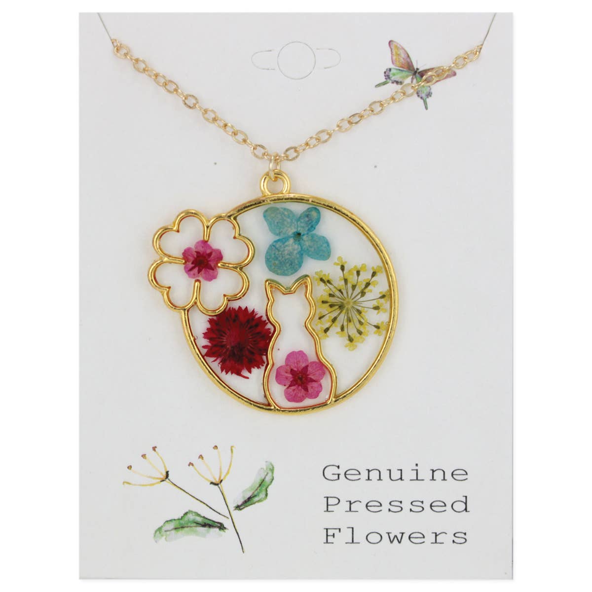 Cat Bouquet Dried Flower Gold Necklace