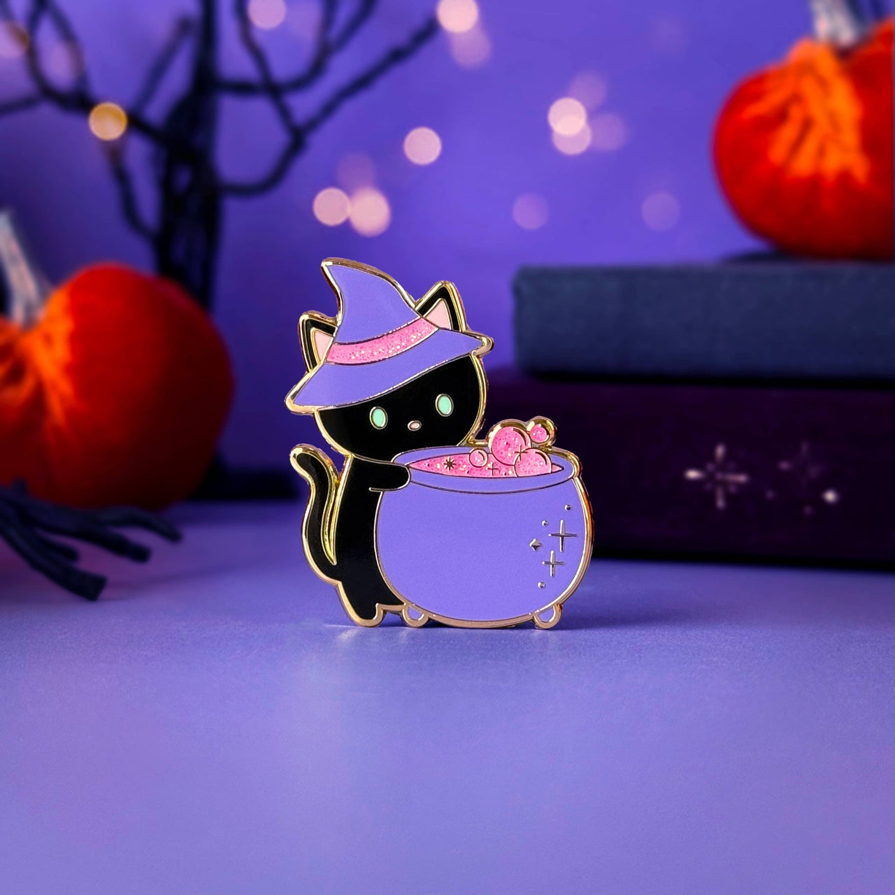 Witchy Black Cat Cauldron Glitter Enamel Pin