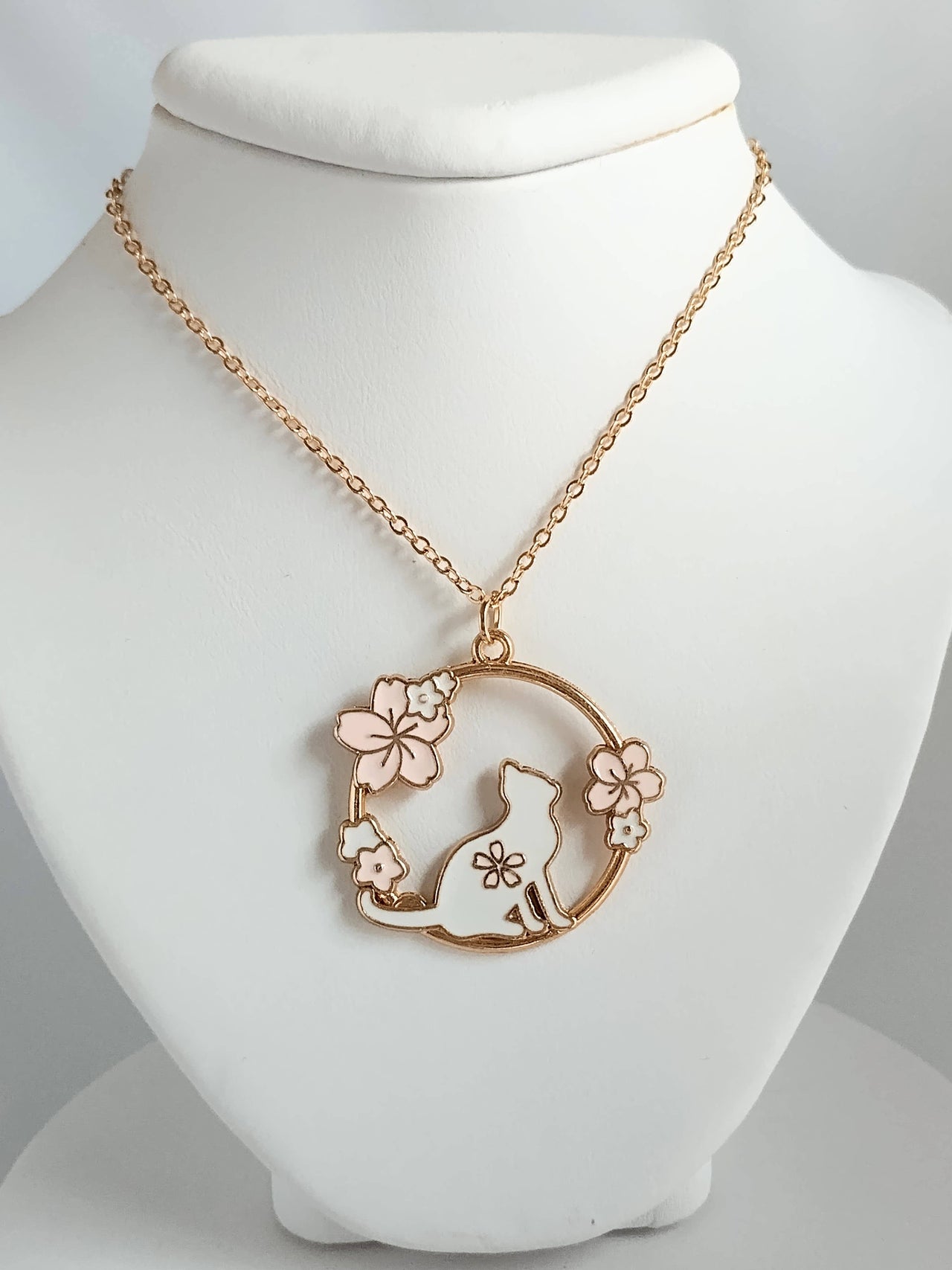 Pink Floral Cat Necklace, Gold Cat Necklace