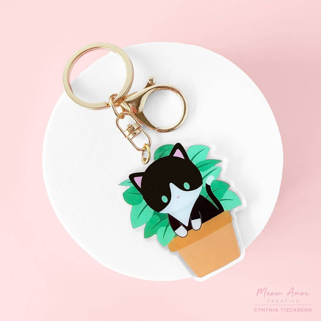 Plant Tuxedo Cat Acrylic KeyChain