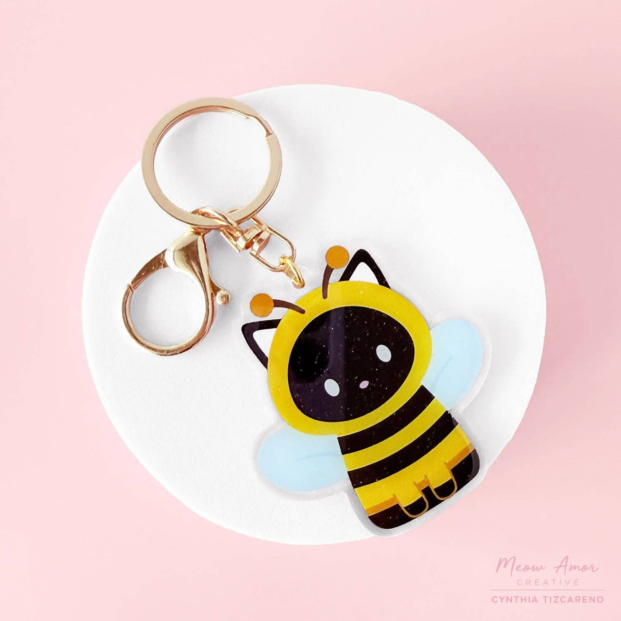 Bee Cat Glitter Acrylic KeyChain