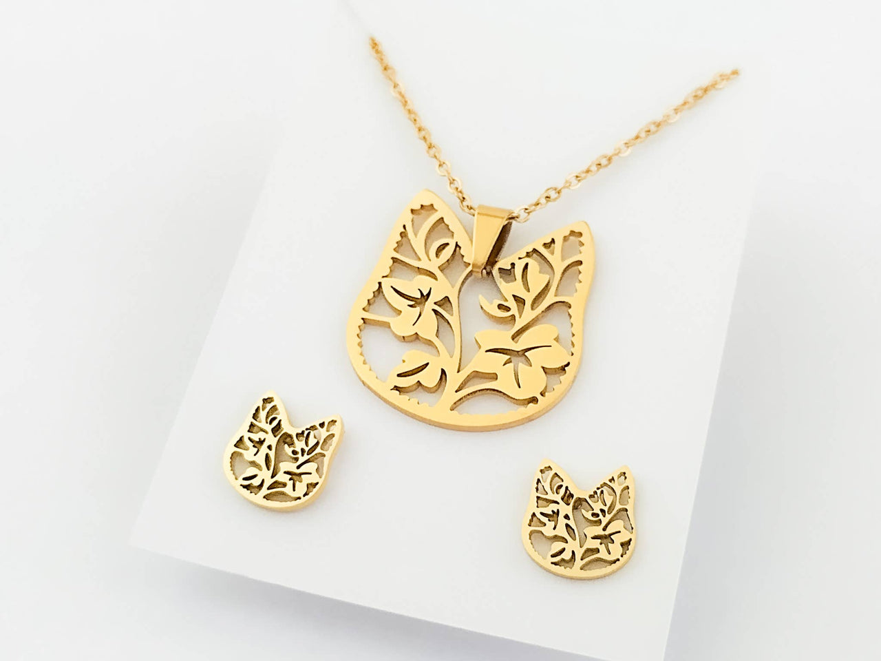 Floral Cat Jewelry Set, Necklace & Earring Set