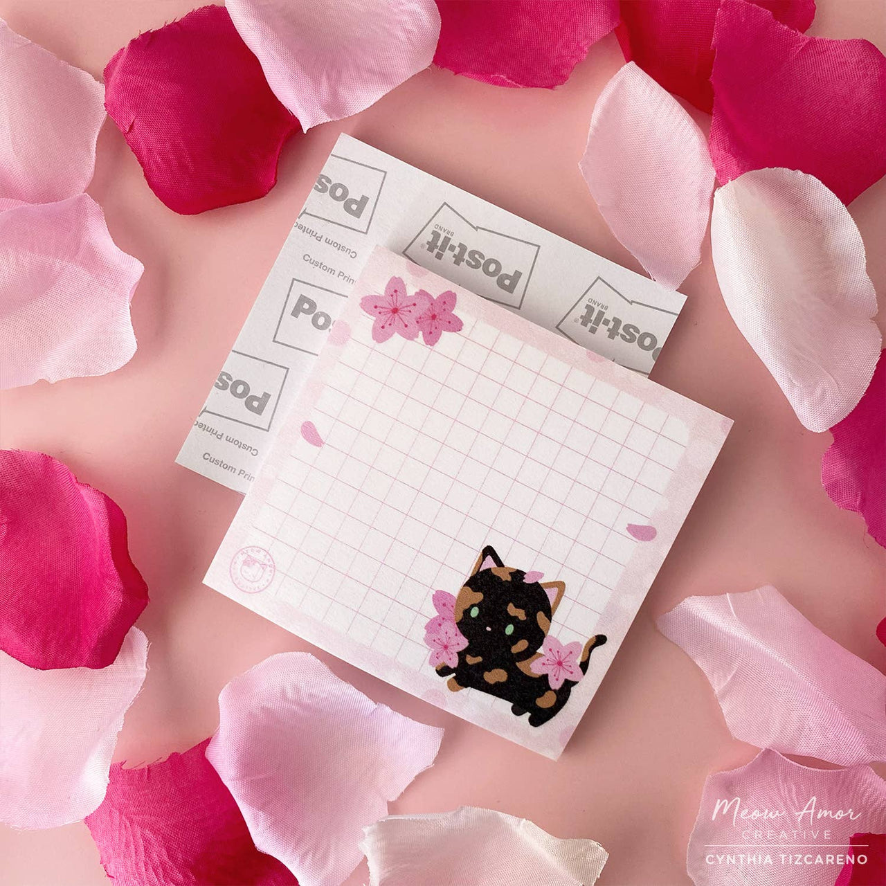 Cherry Blossom Tortie Cat Grid Sticky Notes