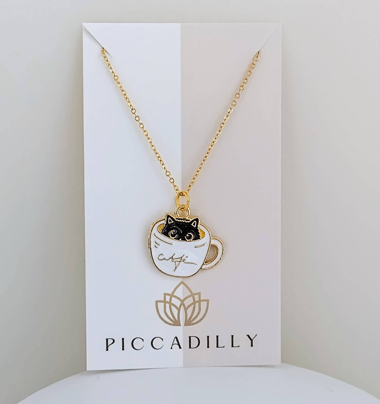 Coffee Cat Necklace, Gold Cat Necklace