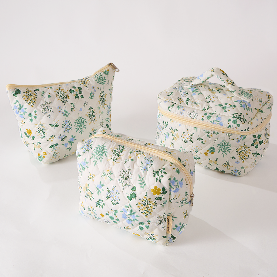 Garden Grace Floral Quilted Makeup Bag - Travel Toiletry Bag