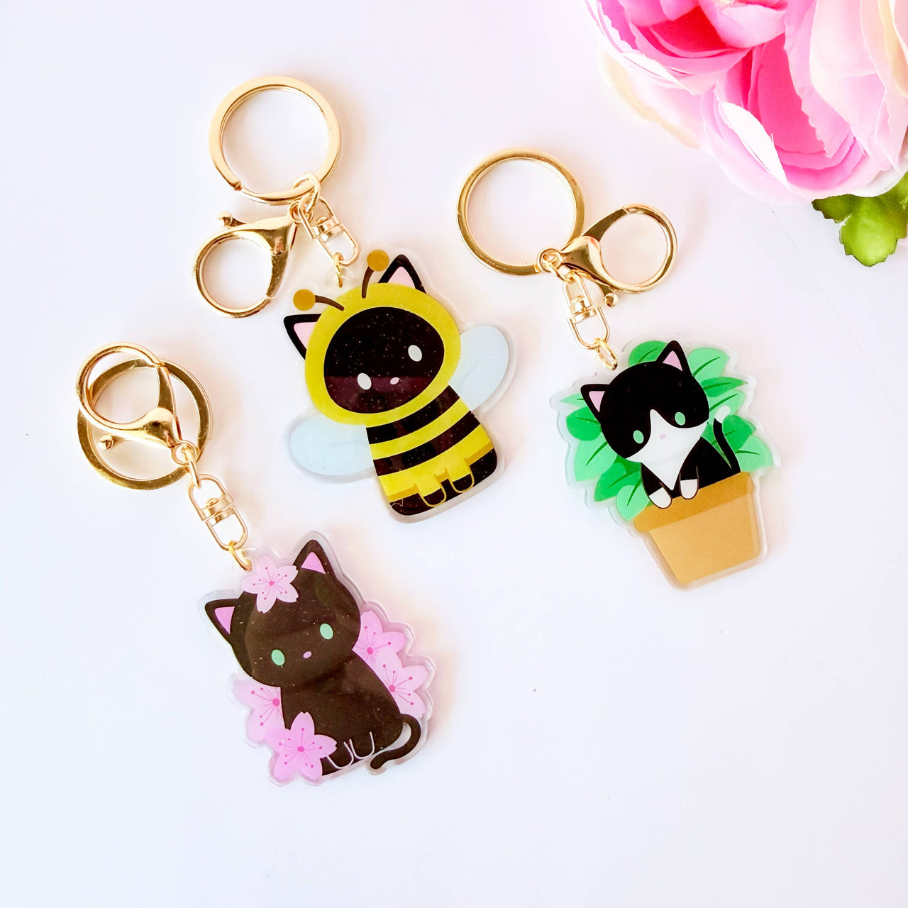 Bee Cat Glitter Acrylic KeyChain