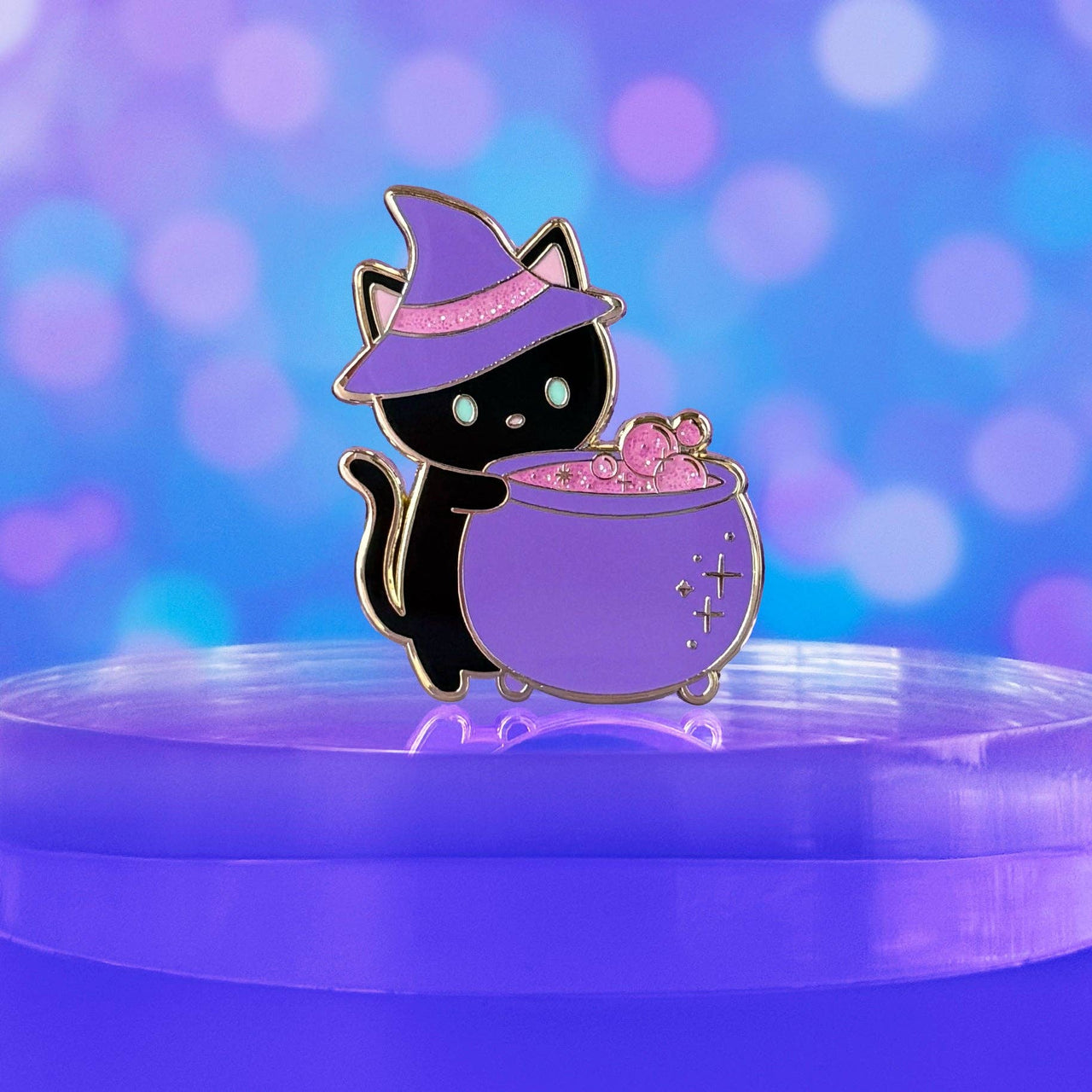 Witchy Black Cat Cauldron Glitter Enamel Pin