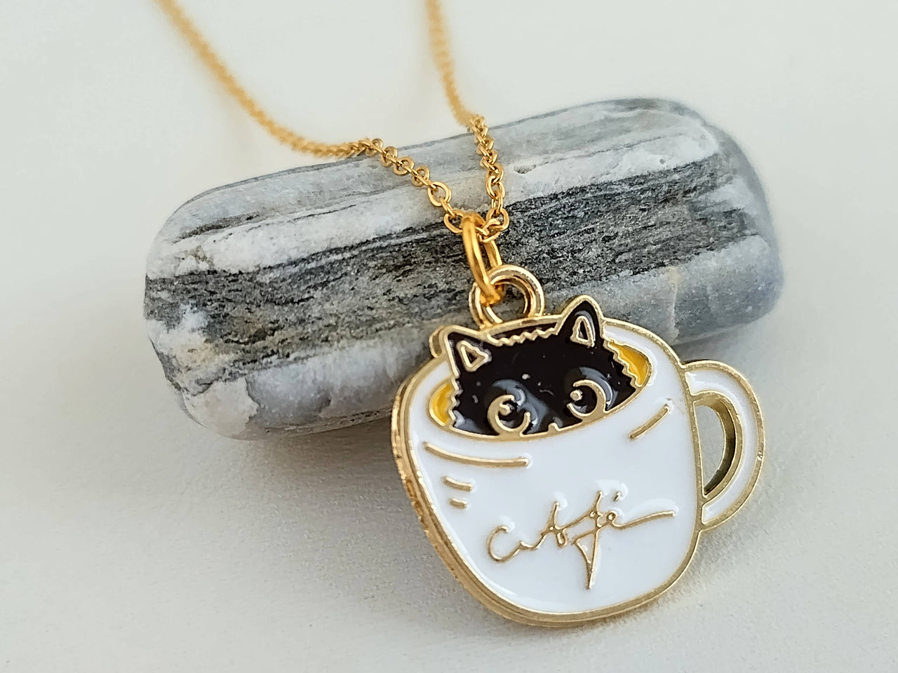 Coffee Cat Necklace, Gold Cat Necklace